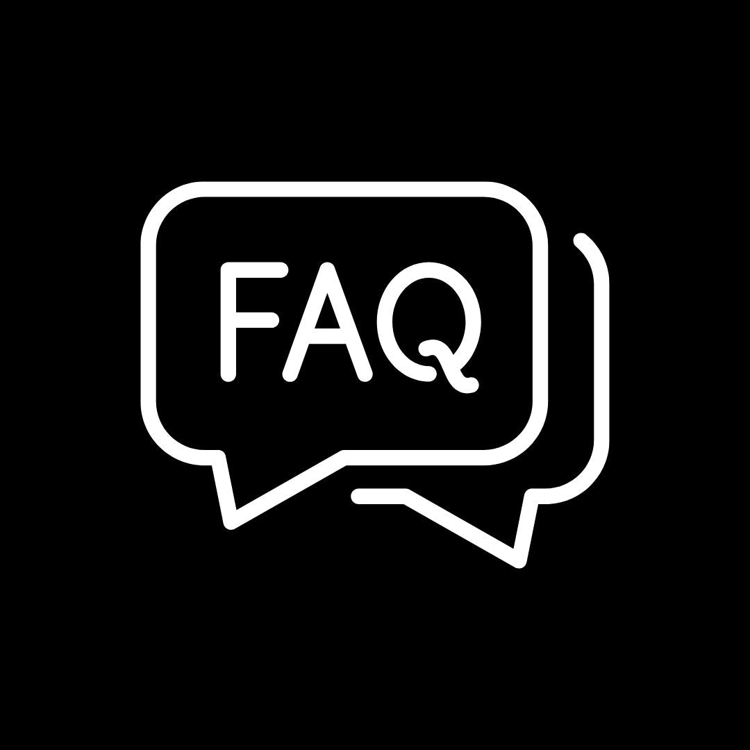 A white outline icon of two speech bubbles with the letters 'FAQ' inside, centered on a solid black background.