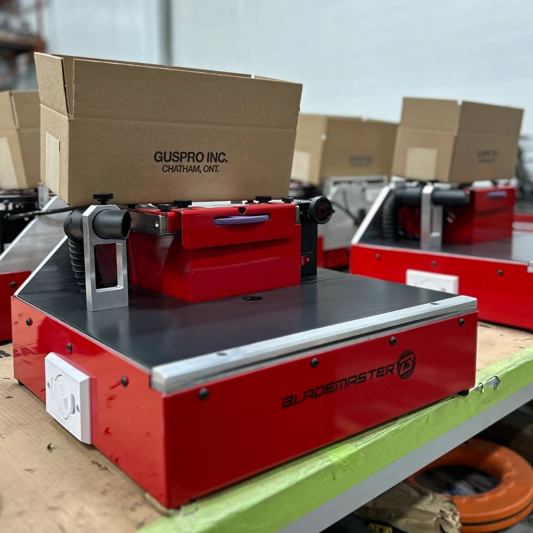 A BRPPRO6 skate sharpener on the assembly table in Blademaster assembly area.