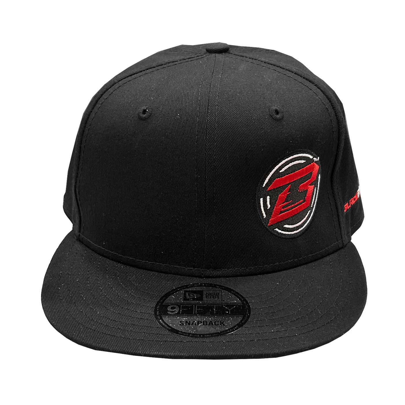 Black snapback cap with a logo on a white background