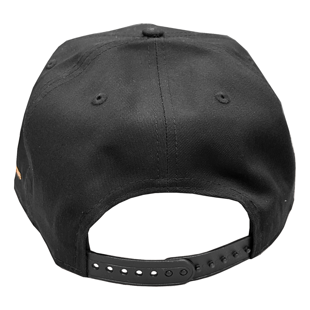 Black snapback cap with a strap on a white background