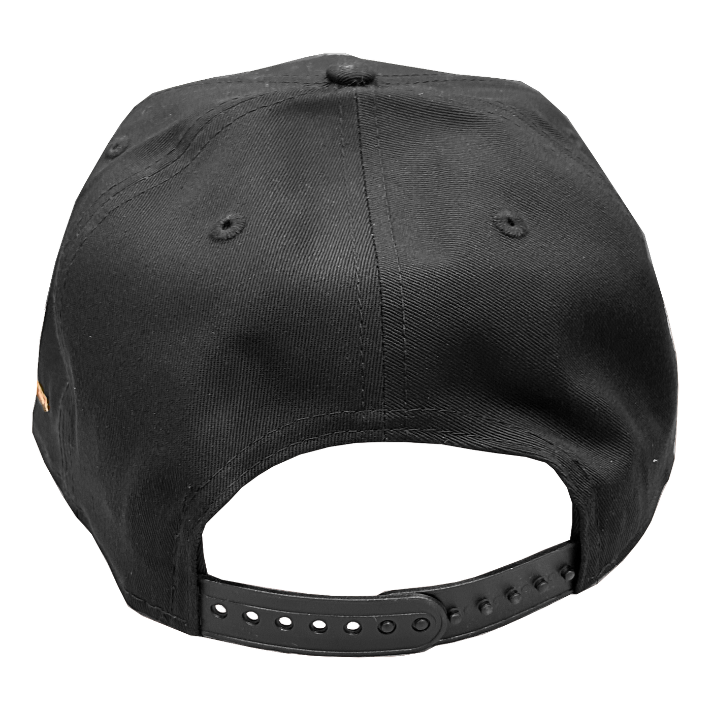 Black snapback cap with a strap on a white background