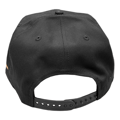 Black snapback cap with a strap on a white background