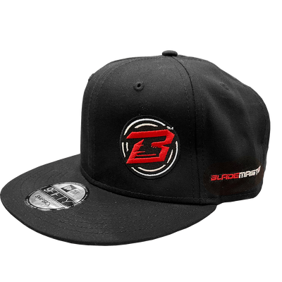 Black cap with red and white logo on a white background